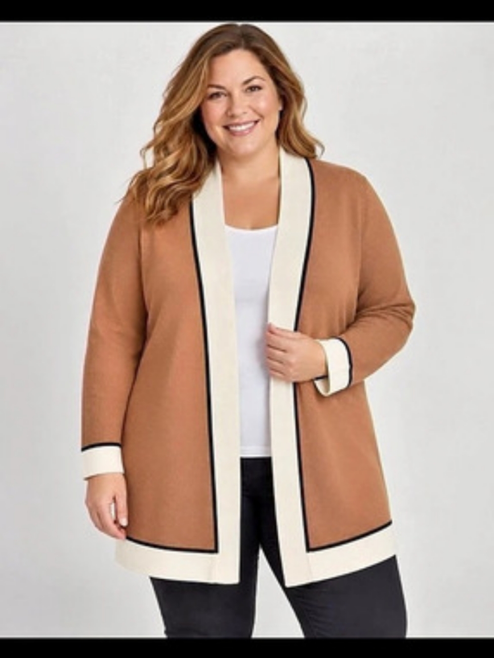 Talbots Cotton Colorblock Open Front Cardigan Brown & White 2XP